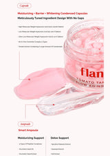 Pink skincare product with 'flan' branding on a white background