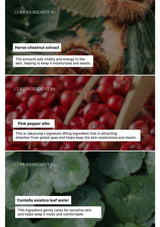 Product ingredients with horse chestnut extract, pink pepper slim, and Centella asiatica leaf water displayed.