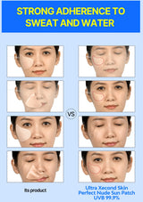 Comparison of a product's sun patch with Ultra Xecond Skin on a person's face, highlighting adherence to sweat and water.