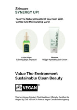 Two skincare products with text about gentle and moisturizing care, sustainability, and vegan certification.