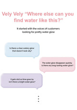 Text conversation about customers looking for a clear water glow with Vely Vely branding.
