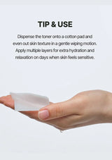 Hand holding a cotton pad with toner, text on how to use it.