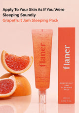 Grapefruit Jam Sleeping Pack with flaner branding, grapefruit slices, and packaging on a pink background.