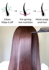 Hair care illustration with steps for scalp and hair health, featuring a person with long brown hair.