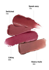 Four swatches of different shades of pink lipstick on a white background with color codes.