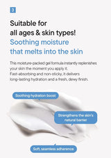 Product description for a skin care gel with text about its benefits on a white background