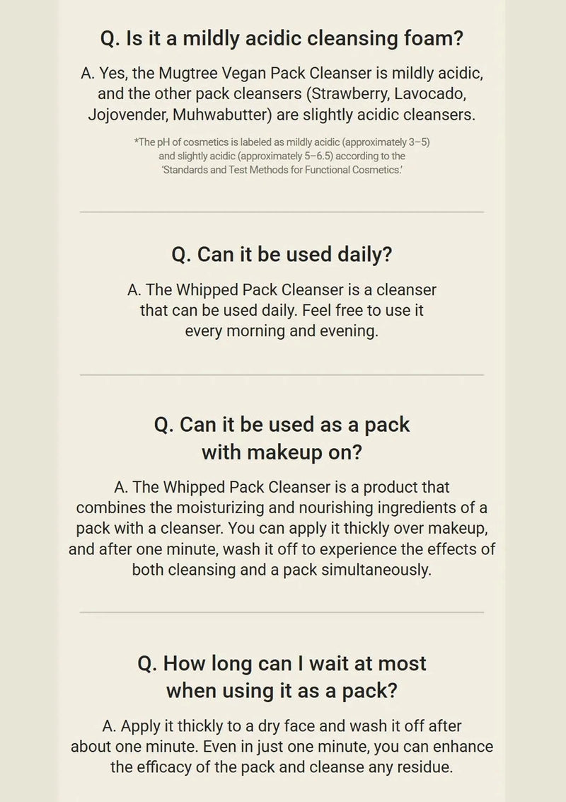 Text-based Q&A about a mildly acidic cleansing foam on a beige background
