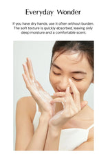 Woman applying hand cream with text about product benefits on a light background