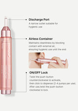 Rose gold airless container with labeled features on a white background