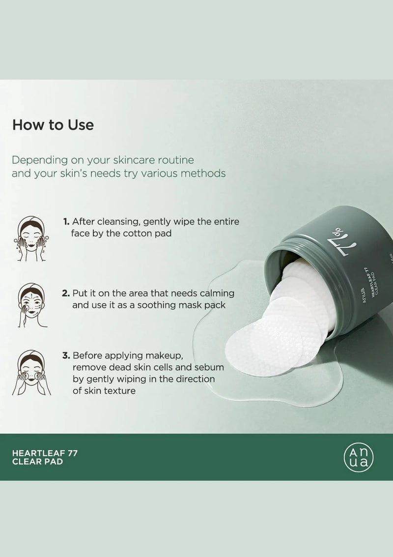 Instructions on how to use a skincare product with a green container and cotton pad on a light gray background.