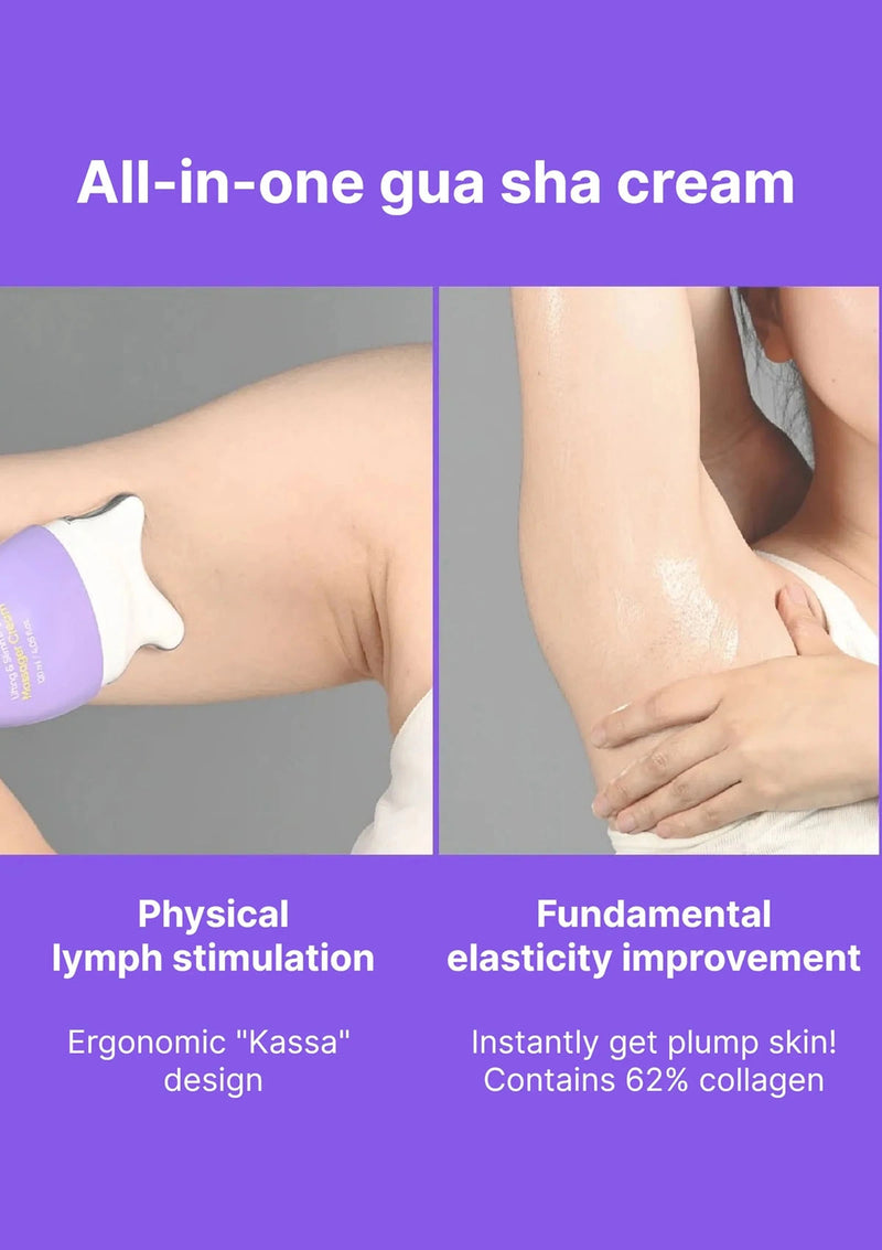 All-in-one gua sha cream with before and after effects on skin, purple banner with text.