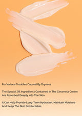 Ceramela cream swatches on a peach background with text about its benefits.