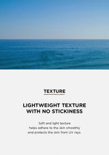 Textured overlay with 'Lightweight texture with no stickiness' description over a blue ocean background