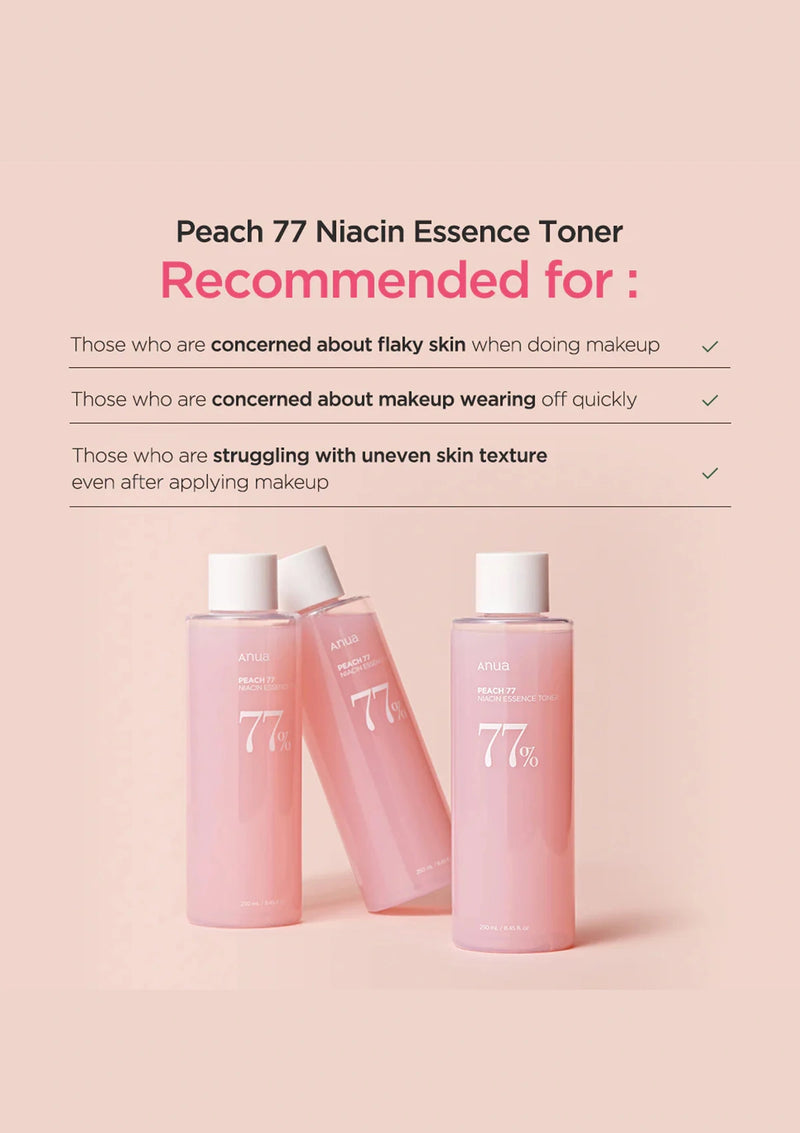Instructions on how to use a skincare product with hands holding a pink bottle against a pink background.