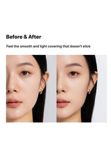 Before and after comparison of a person's face with smooth and light covering on a white background.