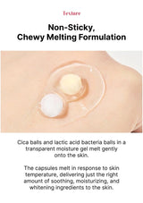 Cica balls and lactic acid bacteria balls melting on skin with text about non-sticky chewy formulation.