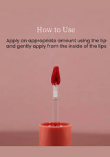 Lip balm with applicator on a pink background and text on how to use it.