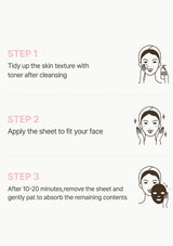 Step-by-step guide on using a sheet mask with illustrations and text.
