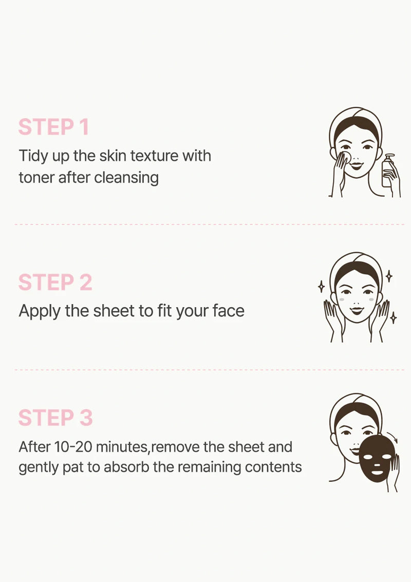 Step-by-step guide on using a sheet mask with illustrations and text.