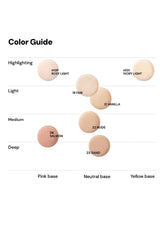 Color guide with beige swatches labeled for highlighting, light, medium, and deep skin tones.