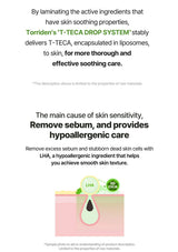 Text and diagram explaining Torriden's T-TECA DROP SYSTEM for skin soothing care.