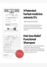 Advertisement for Hair-loss Relief Functional Shampoo with text and logos on a white background