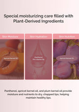 Product packaging with plant-derived ingredients for lip care, featuring apricot kernel oil and panthenol.
