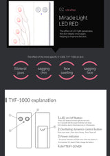 Product description sheet for a device with LED light effects on skin, including text and diagrams.
