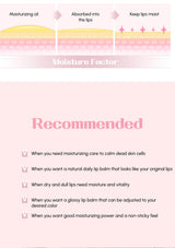 Diagram of lip balm application and benefits on a pink background