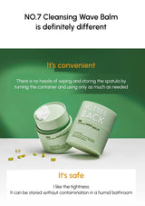 Two green containers of NO.7 Cleansing Wave Balm on a white surface with text highlighting its convenience and safety.