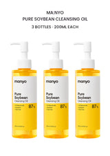 BUY 3: three renewed MA:NYO Pure Soybean Cleansing Oil 200ml bottles on white