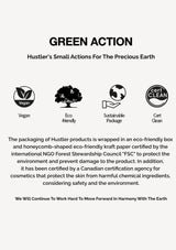 Promotional text about Hustler's eco-friendly packaging and sustainability efforts on a white background.
