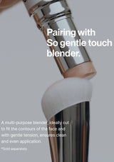 Makeup blender with text on a gray background