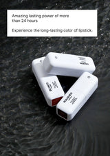 Three white lipstick cases with red accents on a dark textured surface, accompanied by text about lipstick color and lasting power.