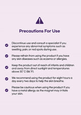 Precautions for use text on a purple background