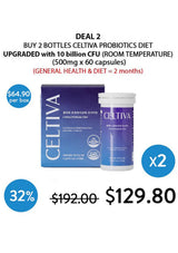 Promotional graphic for CELTIVA probiotics showing one blue box and one white bottle with blue labels, plus sale text, price, and a 'x2' badge on a white background.