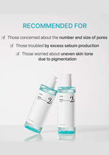 Two skincare bottles with text indicating their use cases on a light gray background