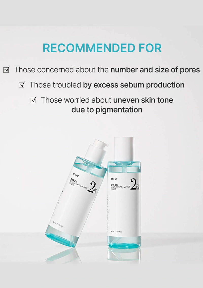 Two skincare bottles with text indicating their use cases on a light gray background