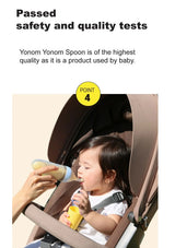 Child in a stroller holding a spoon with text about safety and quality tests for Yonom Spoon.