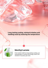 Product packaging with text about cooling effects and menthol lactate on a pink background