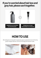 Advertisement for MoBaLa Derma Scalp Black Turn Hair Shampoo and Ampoule with product images and usage instructions.