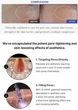 Before and after comparison of skin complexion with text about skincare product benefits.