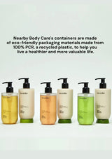 Row of eco-friendly body care containers with text about recycled plastic packaging on a white background