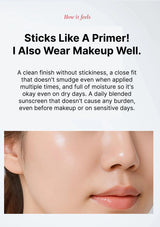 Product description text overlay on a close-up of a person's face with a smooth finish.