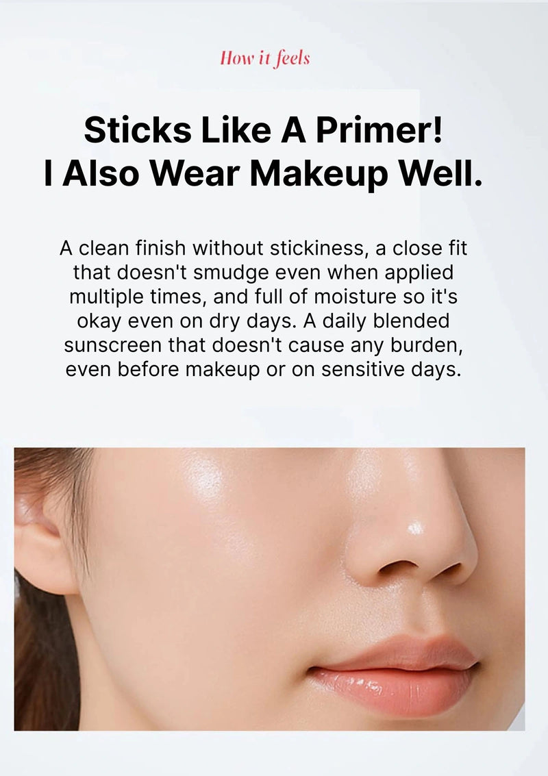 Product description text overlay on a close-up of a person's face with a smooth finish.