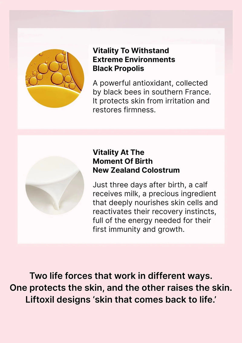 Product description card with text and graphics on a pink background