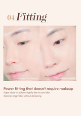 Close-up of a person's eye with text highlighting 'Fitting' and 'Power fitting that doesn't require makeup'.