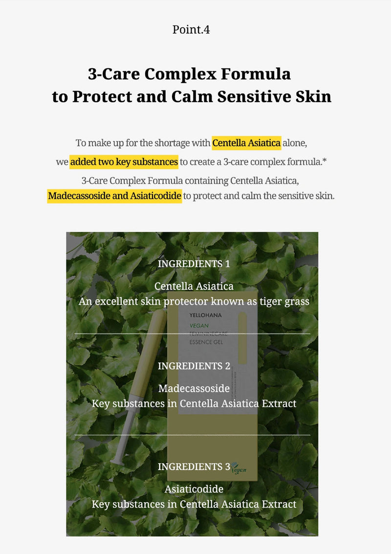 Product description slide for a 3-Care Complex Formula to protect and calm sensitive skin, featuring ingredients and text.