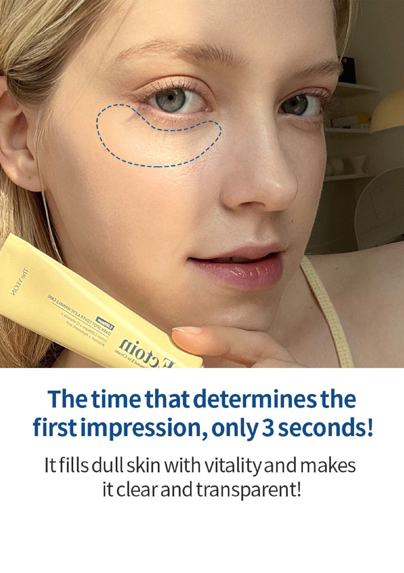 Woman holding a skincare product with text about its effects on skin clarity.