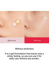 Before and after use of a gel product on skin with text highlighting stickiness.